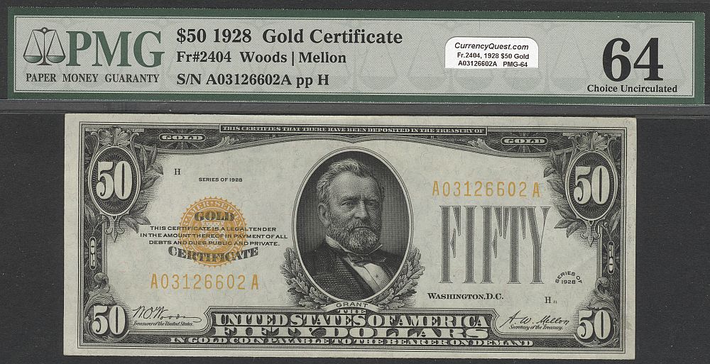 Fr.2404, 1928 $50 Gold Certificate,  vChCU, PMG-64, A03126602A